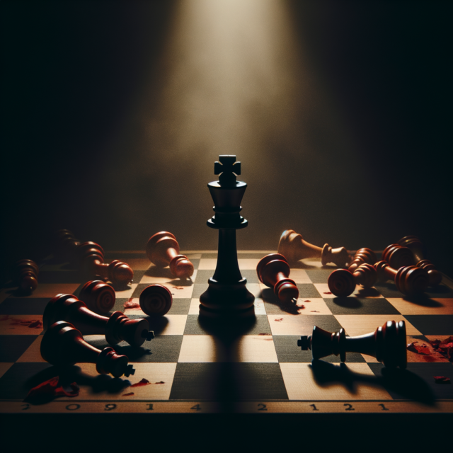 Dark chess king standing alone with fallen pieces in red lighting