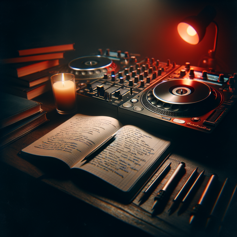Dark scene combining DJ equipment and educational materials with red lighting