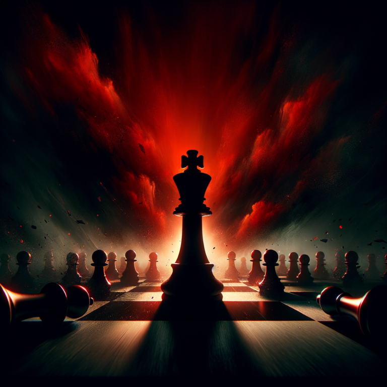 Chess king standing among fallen pieces symbolizing business power struggle