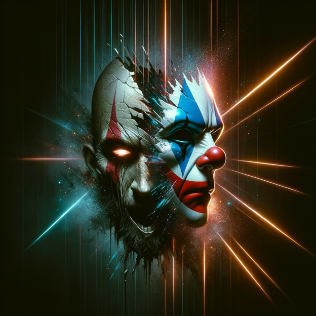 Half-broken clown mask revealing authentic face