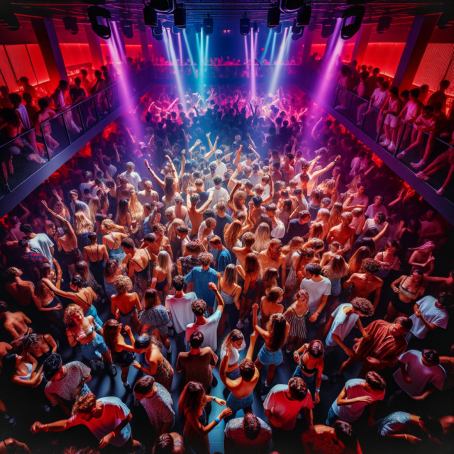 Diverse crowd dancing on underground dancefloor under dramatic lighting