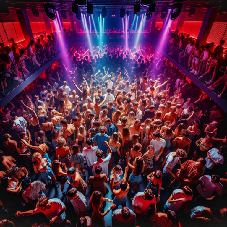 Diverse crowd dancing on underground dancefloor under dramatic lighting