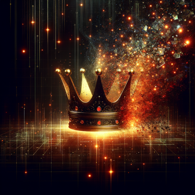 Crown dissolving into digital particles symbolizing clout as currency