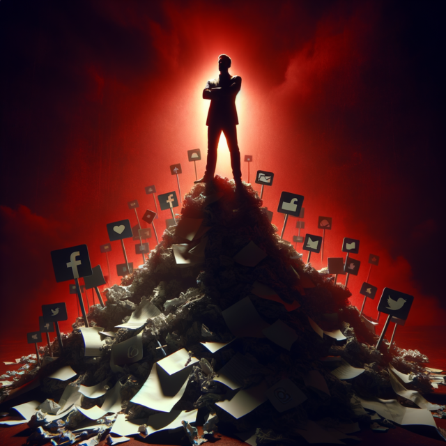 Figure standing triumphant over fallen social media posts