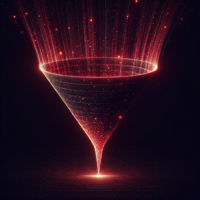 Glowing red light particles flowing through a funnel shape, conversion concept