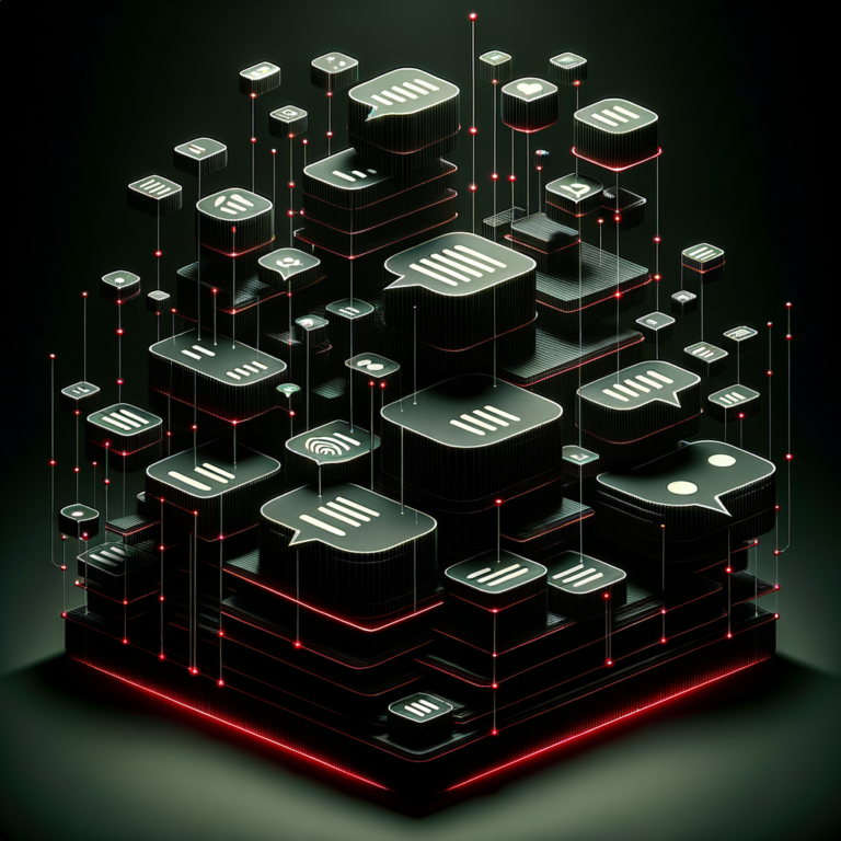 Abstract dark tiered chat architecture visualization in red and black