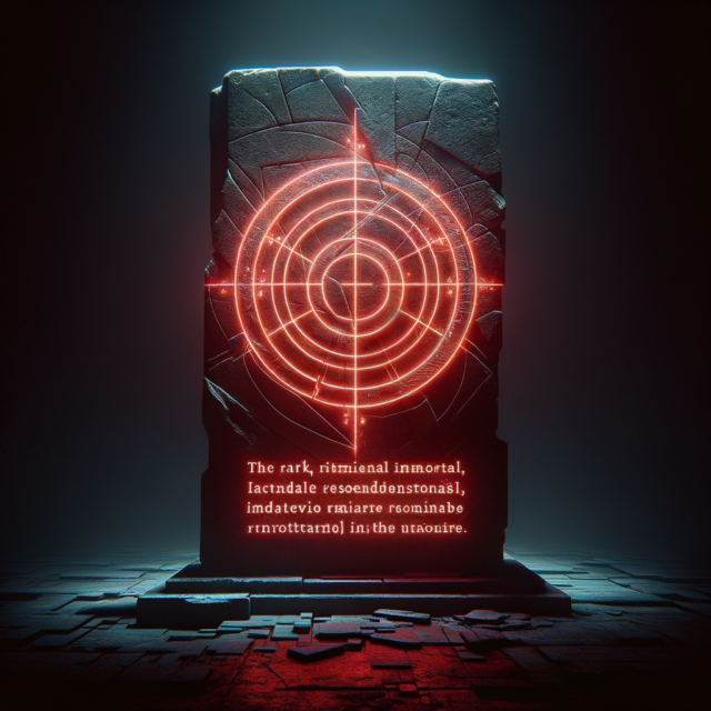 Stone tablet with glowing text, immortal defiance