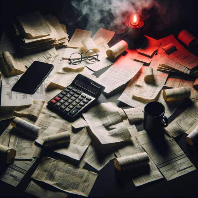 Dark scene of scattered financial receipts illuminated by red light