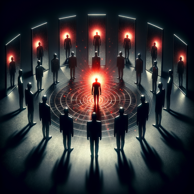 Shadow figures surrounding a glowing central figure