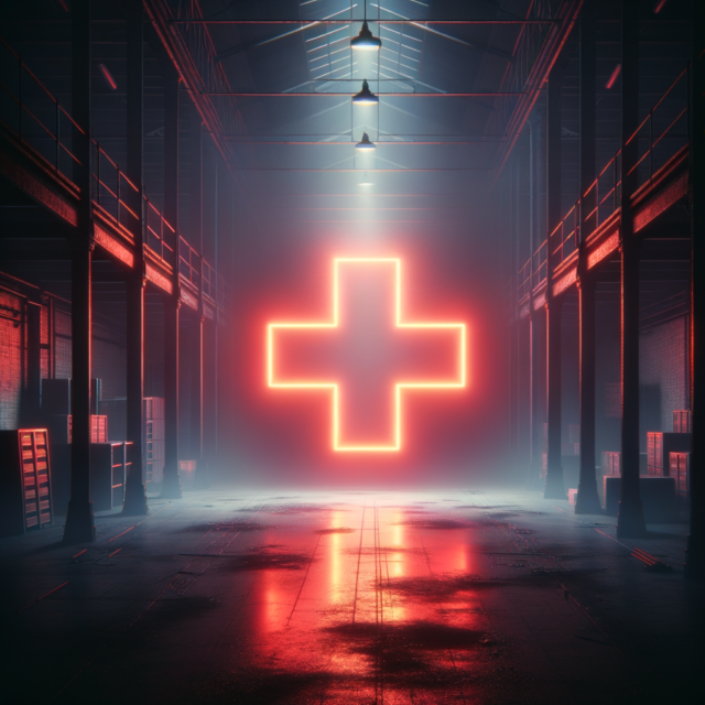 Glowing first aid cross in dark warehouse - harm reduction
