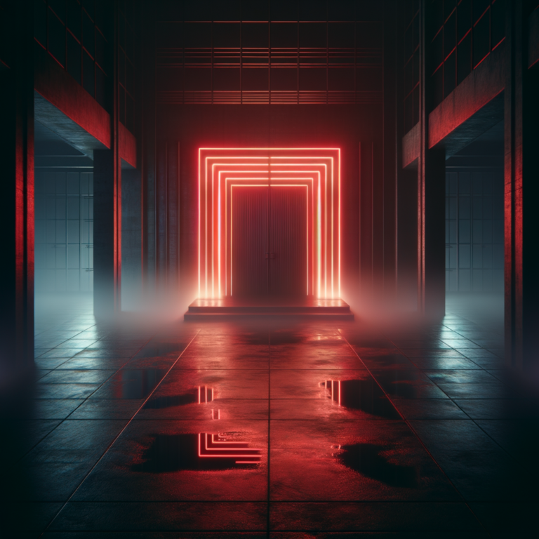 Abstract dark warehouse entrance with red neon