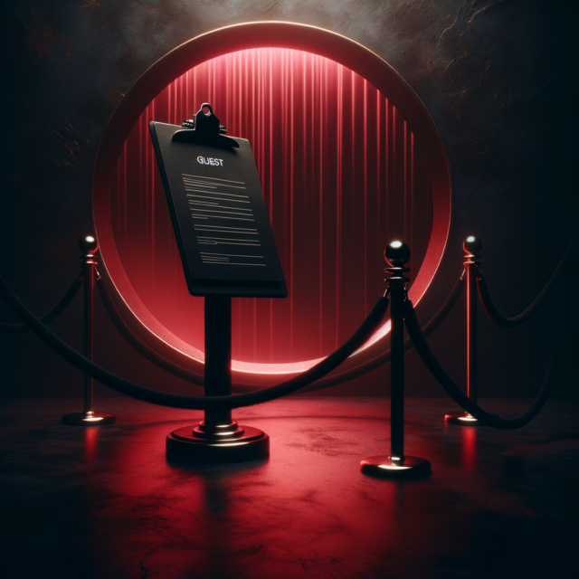 Dark nightclub entrance with velvet rope and red ambient glow