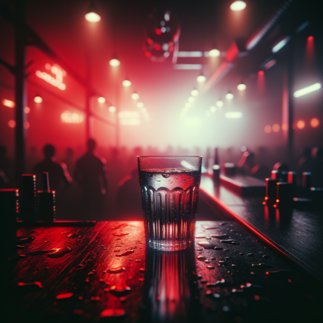 Glass of water on a nightclub bar counter, clarity amid red-lit chaos