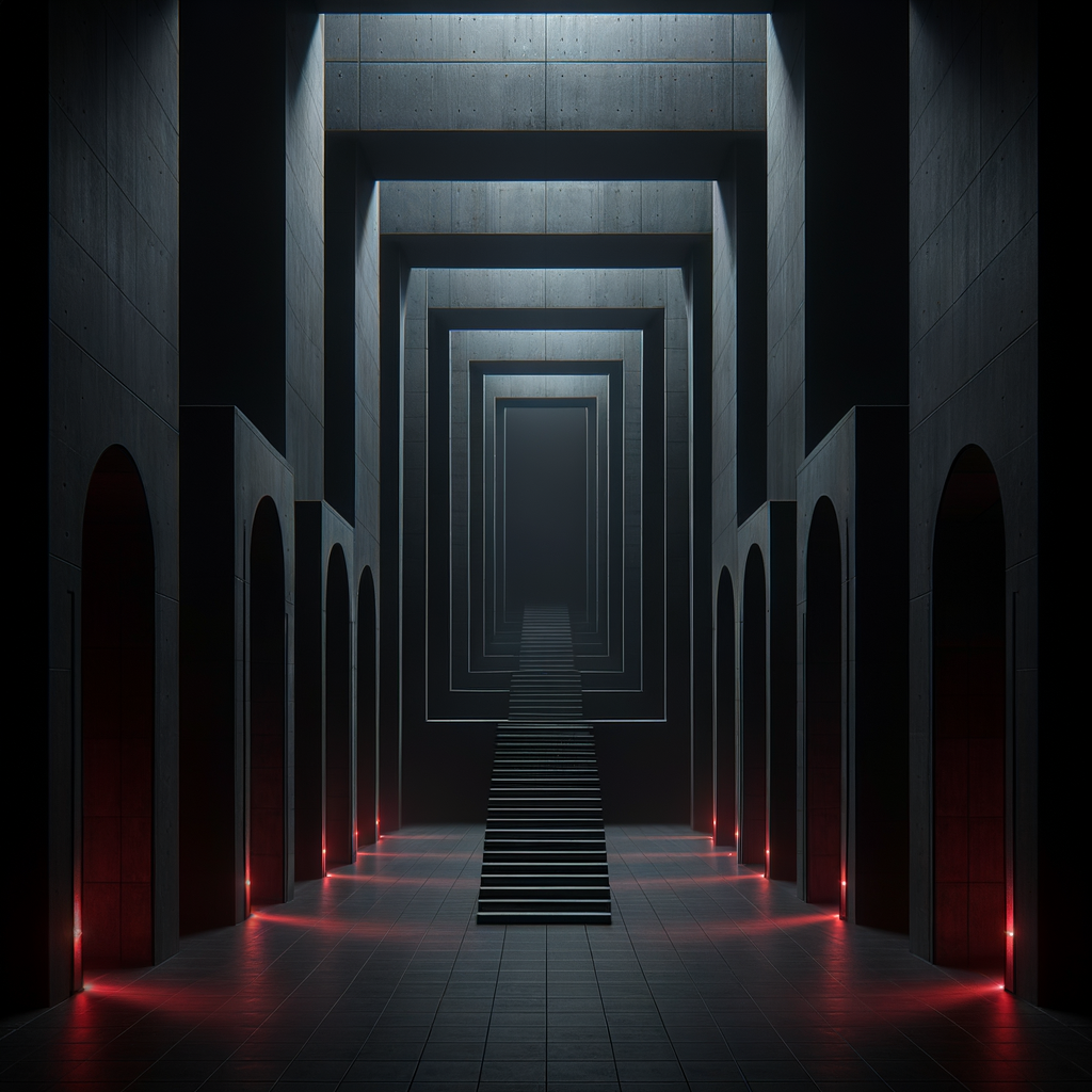 Dark ascending doorways with red accent lighting suggesting progression
