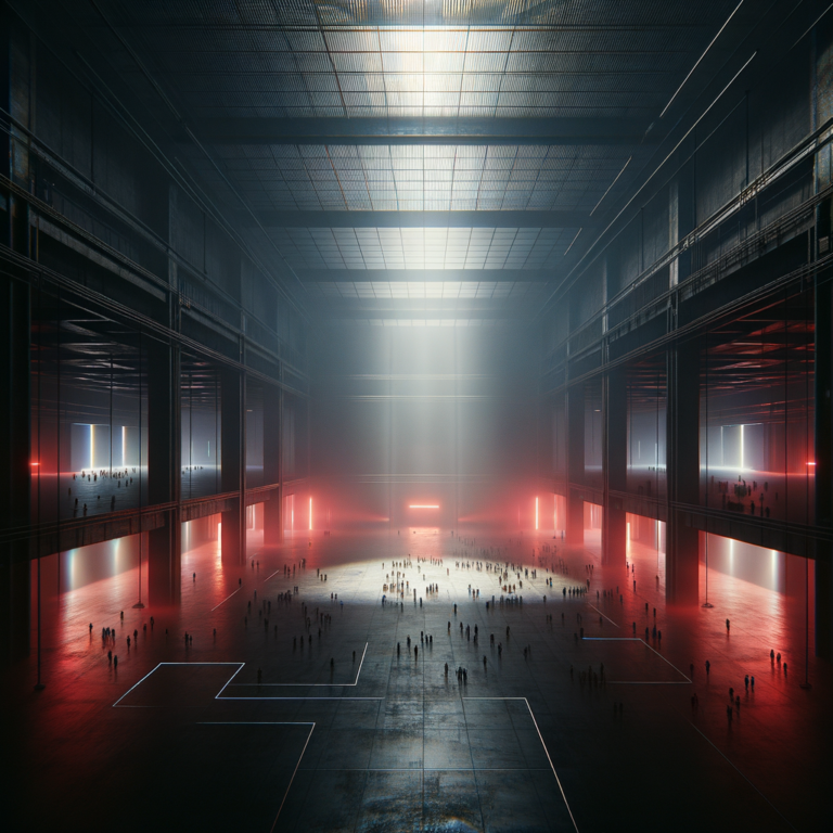 Empty vast nightclub with tiny distant crowd under red light, failure concept