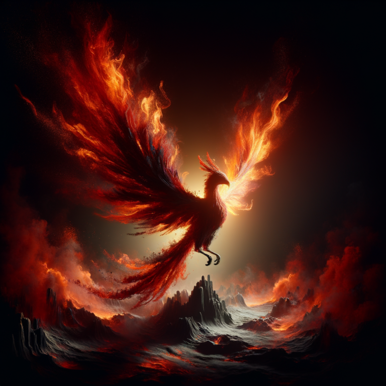 Dark phoenix rising from ashes in red and black tones