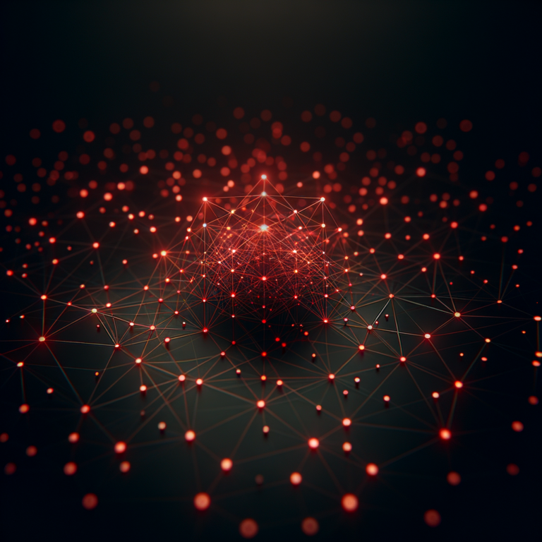 Dark abstract network of red connected nodes forming geometric pattern