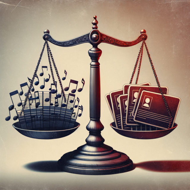 Scale balancing music notes against identity cards