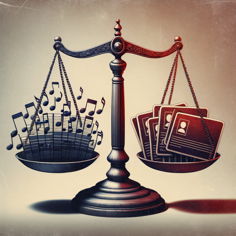 Scale balancing music notes against identity cards