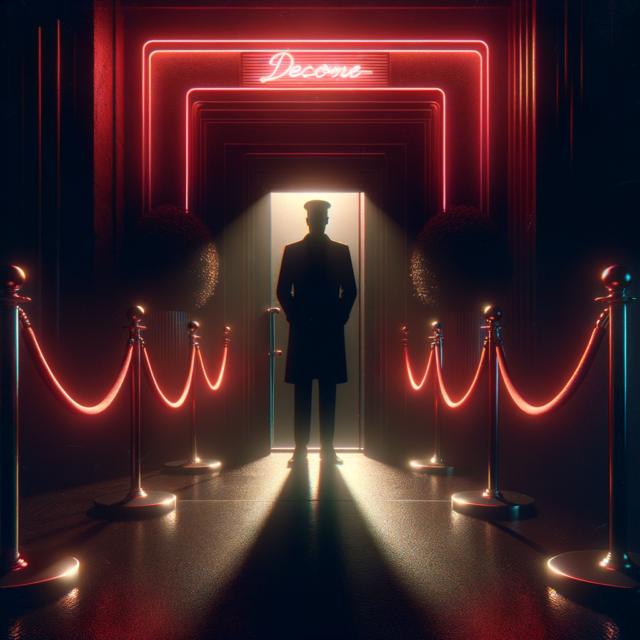 Nightclub entrance with doorman silhouette in red neon