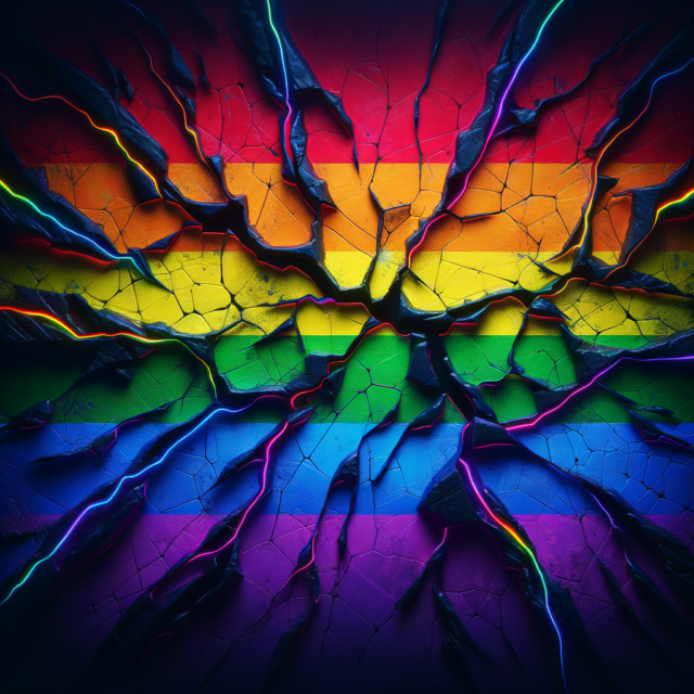 Cracked rainbow flag revealing darkness beneath