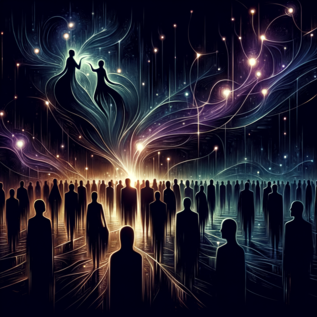 Abstract whispered words spreading through dark crowd