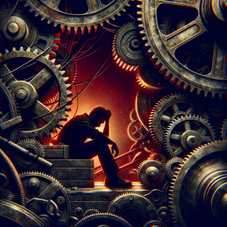 Exhausted figure beside decaying industrial machinery