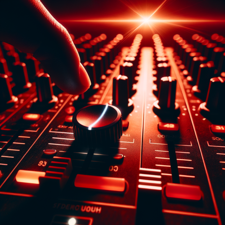 DJ mixer fader at zero under red backlight, cutting a set concept