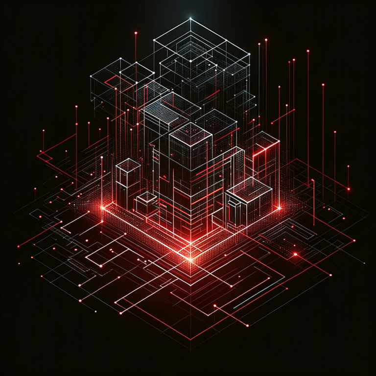 Glowing red architectural schematic on black, deliberate design concept