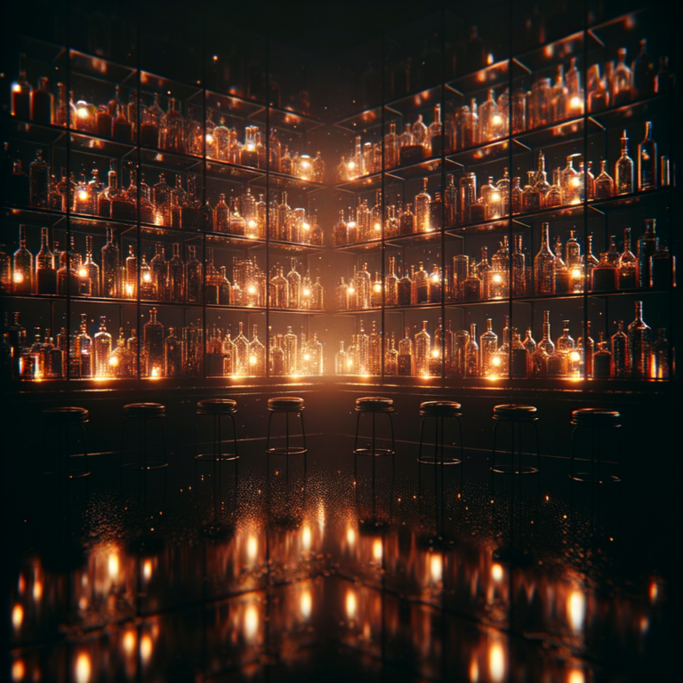 Abstract dark bar shelf with red ambient light