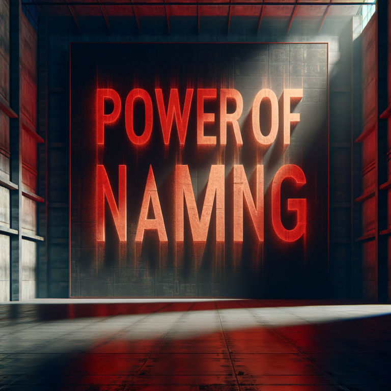 Bold typography carved into concrete with red lighting, naming power concept