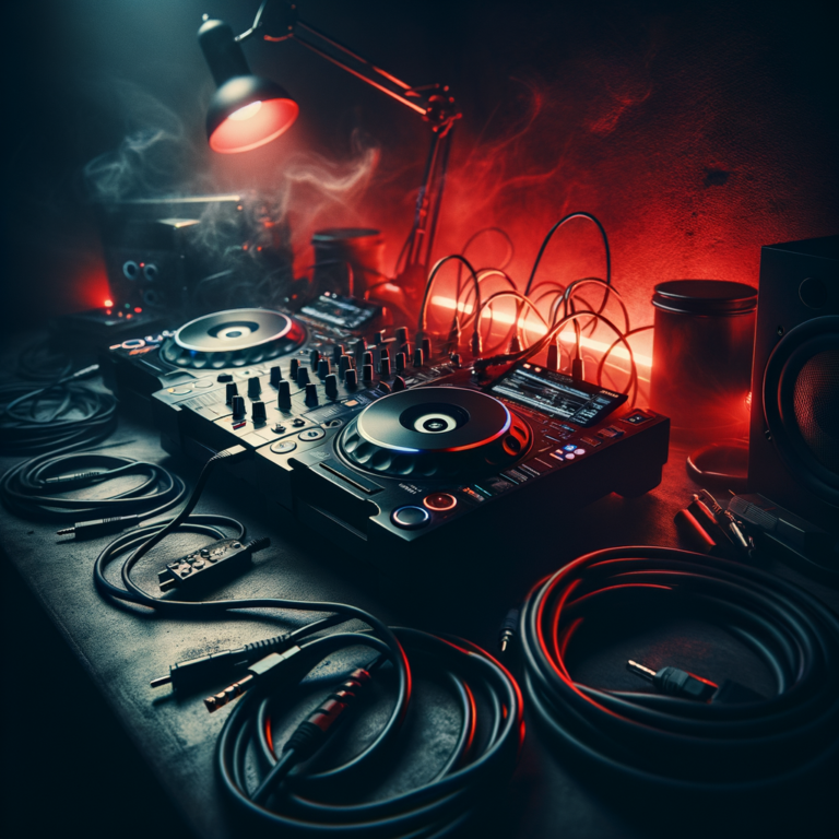 DJ equipment with cables and red accent lighting