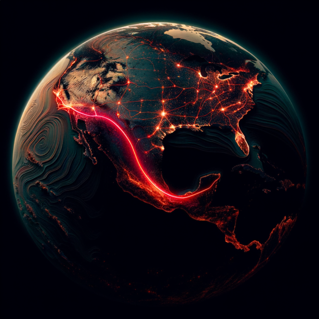 Glowing line connecting CDMX to NYC on dark map