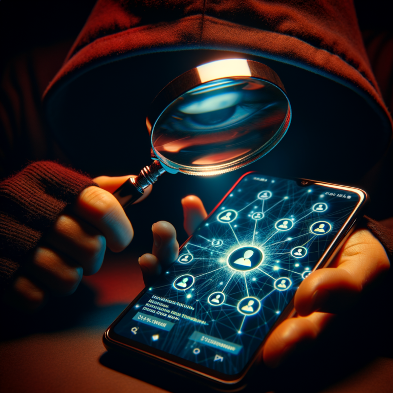 Magnifying glass over smartphone showing social profiles in dark light