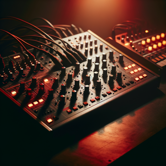 Analog synthesizer and drum machine hardware setup with illuminated controls