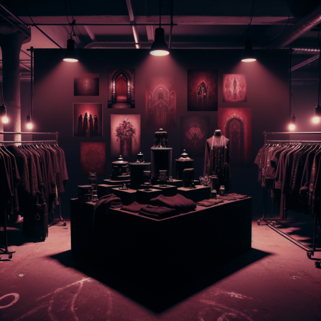 Dark vendor market stall at underground event