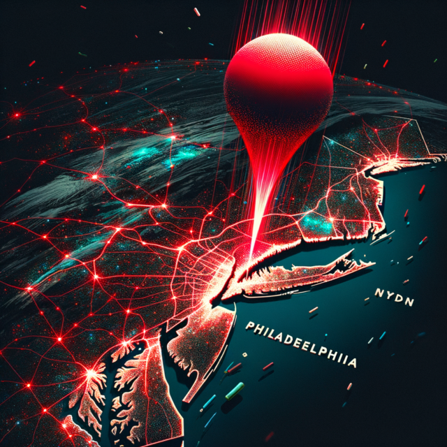 Red pin on Philadelphia with line from Brooklyn