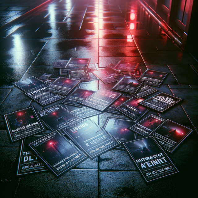 Event flyers on wet concrete sidewalk at night with neon reflections