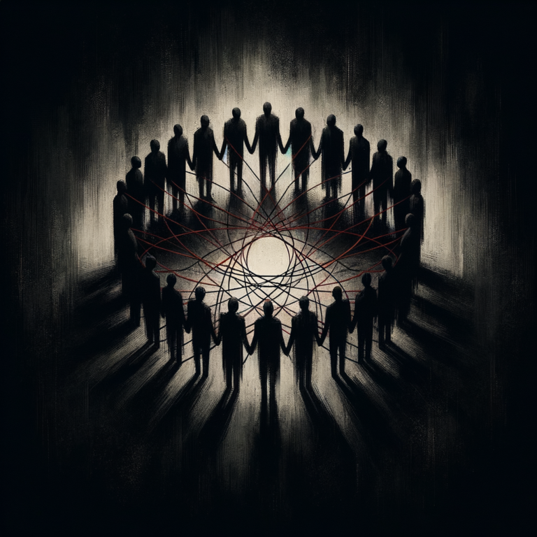 Dark silhouettes forming alliance circle - outcasts united
