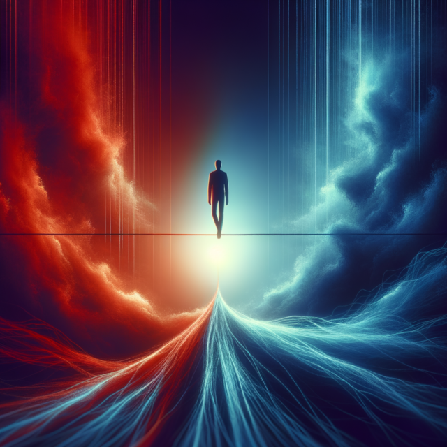 Figure balanced between opposing forces - pragmatic centrism