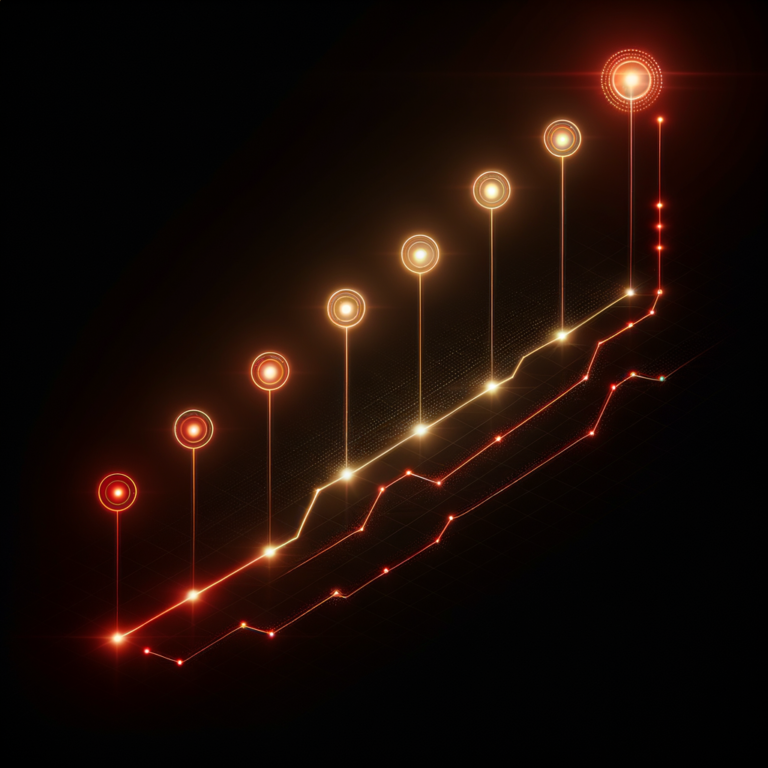 Timeline of ascending glowing nodes representing brand evolution