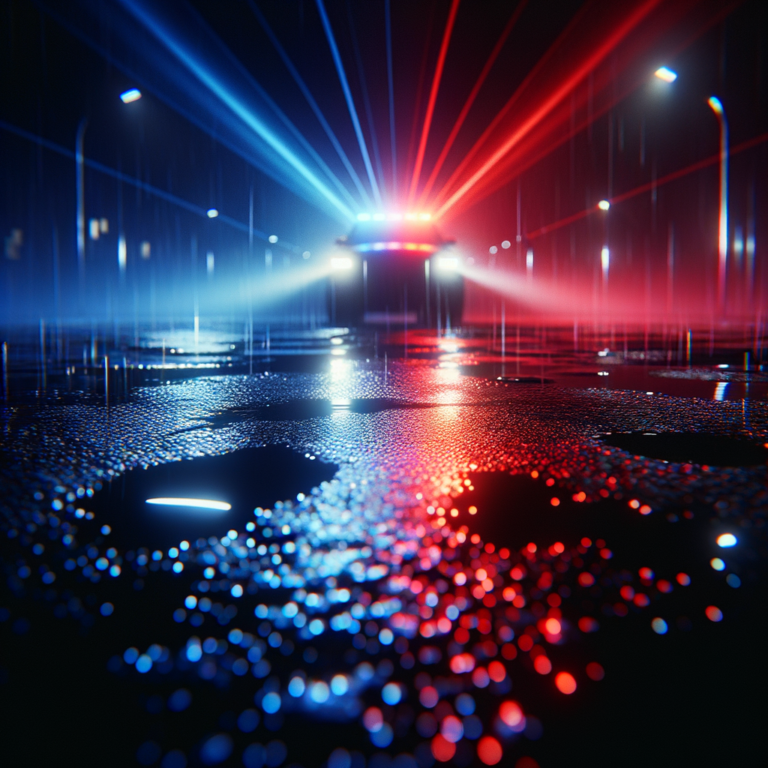Abstract dark police light on wet asphalt