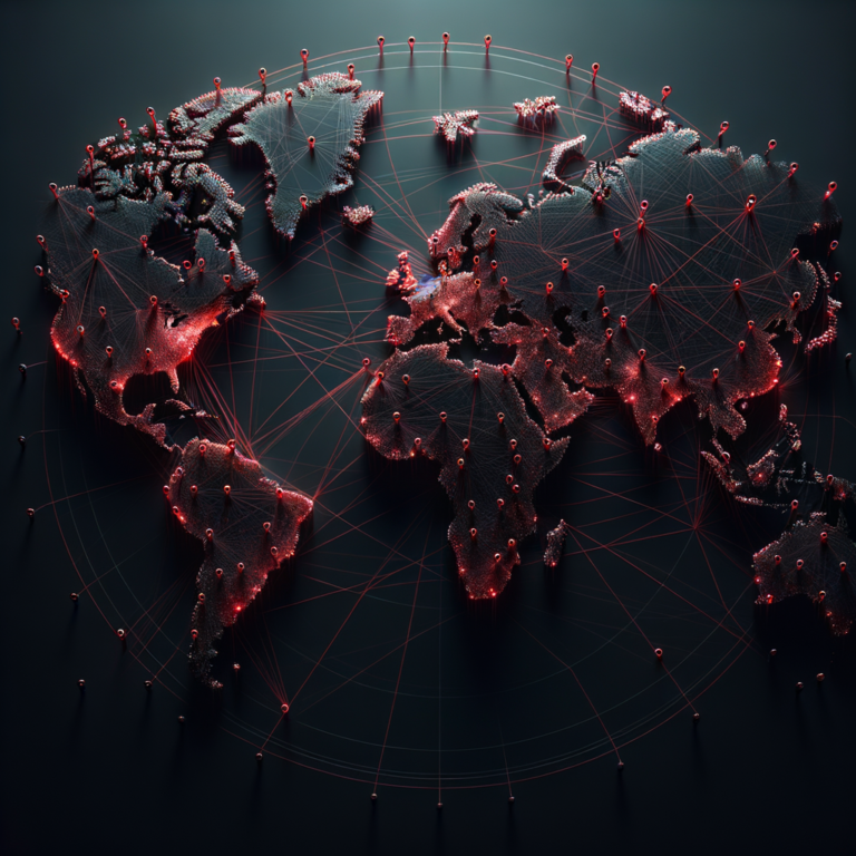 Abstract dark world map with red connection threads