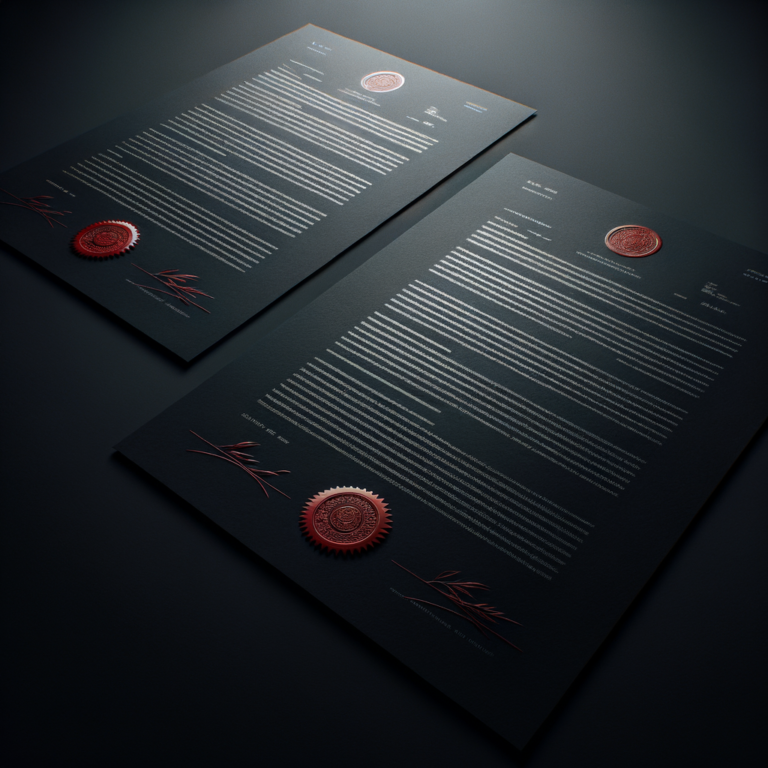 Abstract dark contract documents with red seal