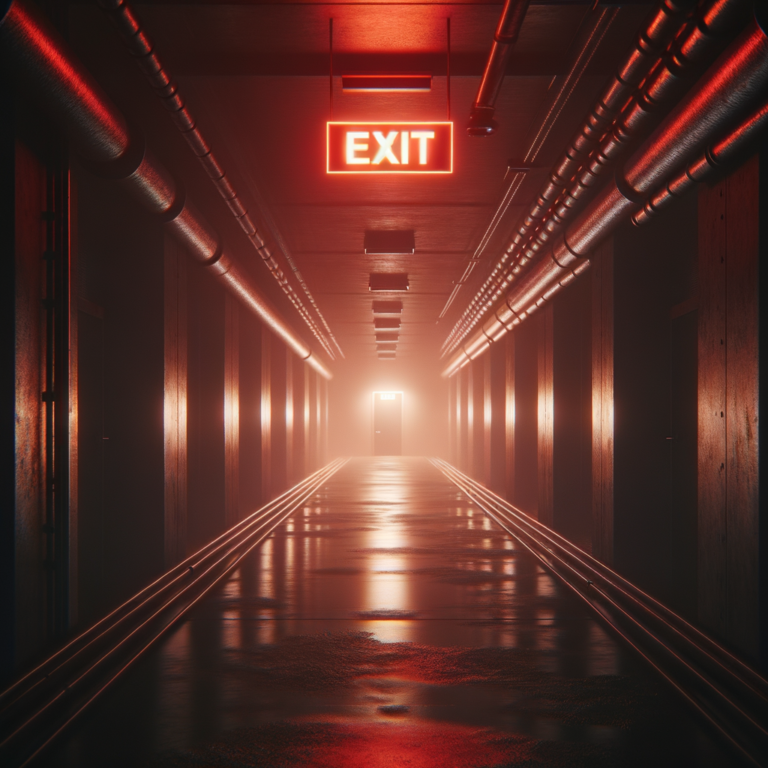 Abstract dark emergency exit in black corridor