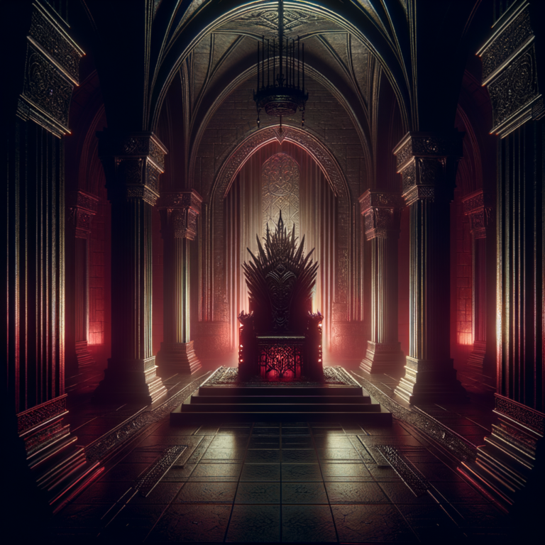 Empty throne in dark temple - leaderless cult concept